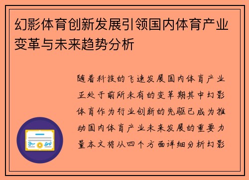 幻影体育创新发展引领国内体育产业变革与未来趋势分析